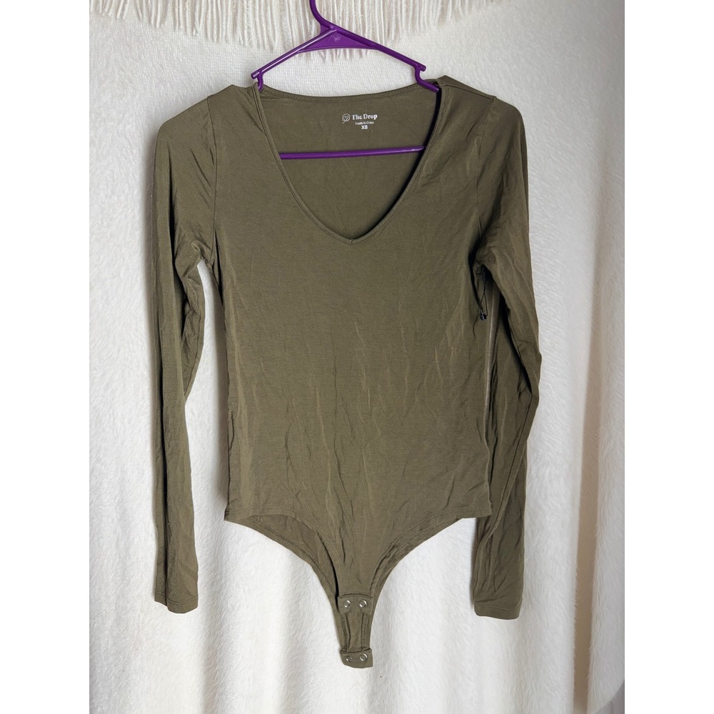 The Drop Womens Olive Green V-Neck Long Sleeve Snap Closure Bodysuit XS